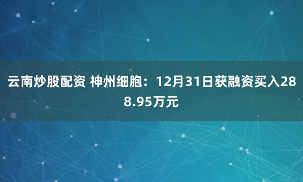 云南炒股配资 神州细胞:12月31日获融资买入288.95万元